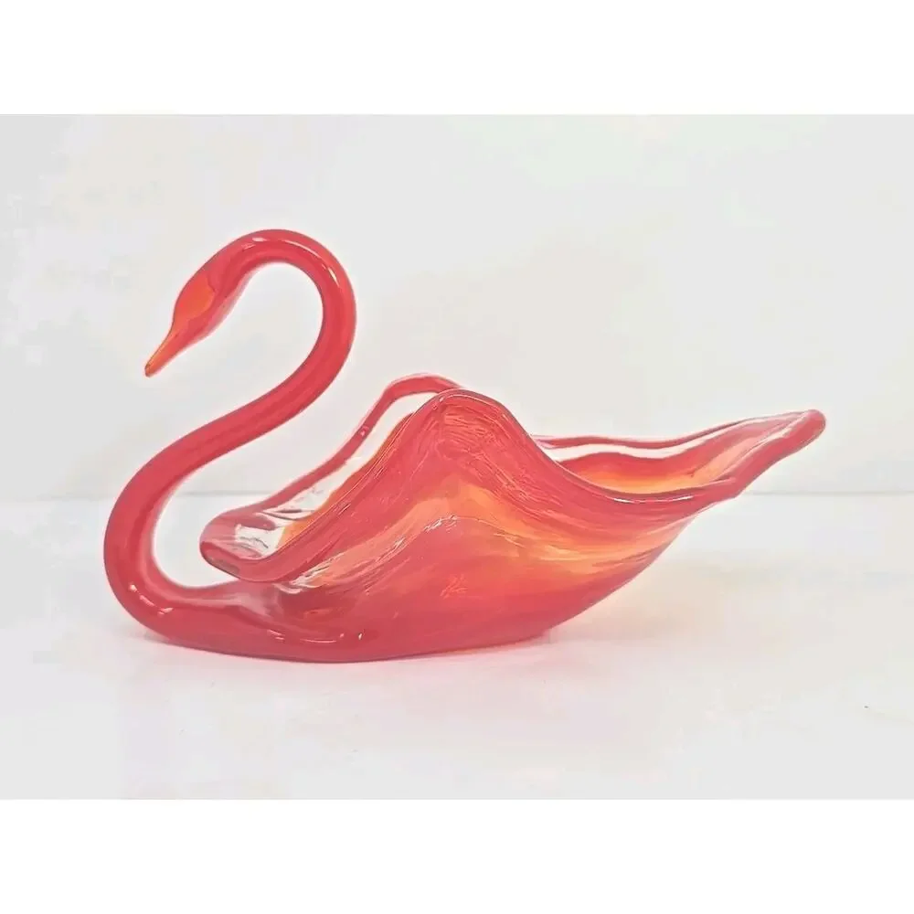 Vintage Large Glass Swan Candy Dish Orange Swirl Hand‎ Blown MSC1